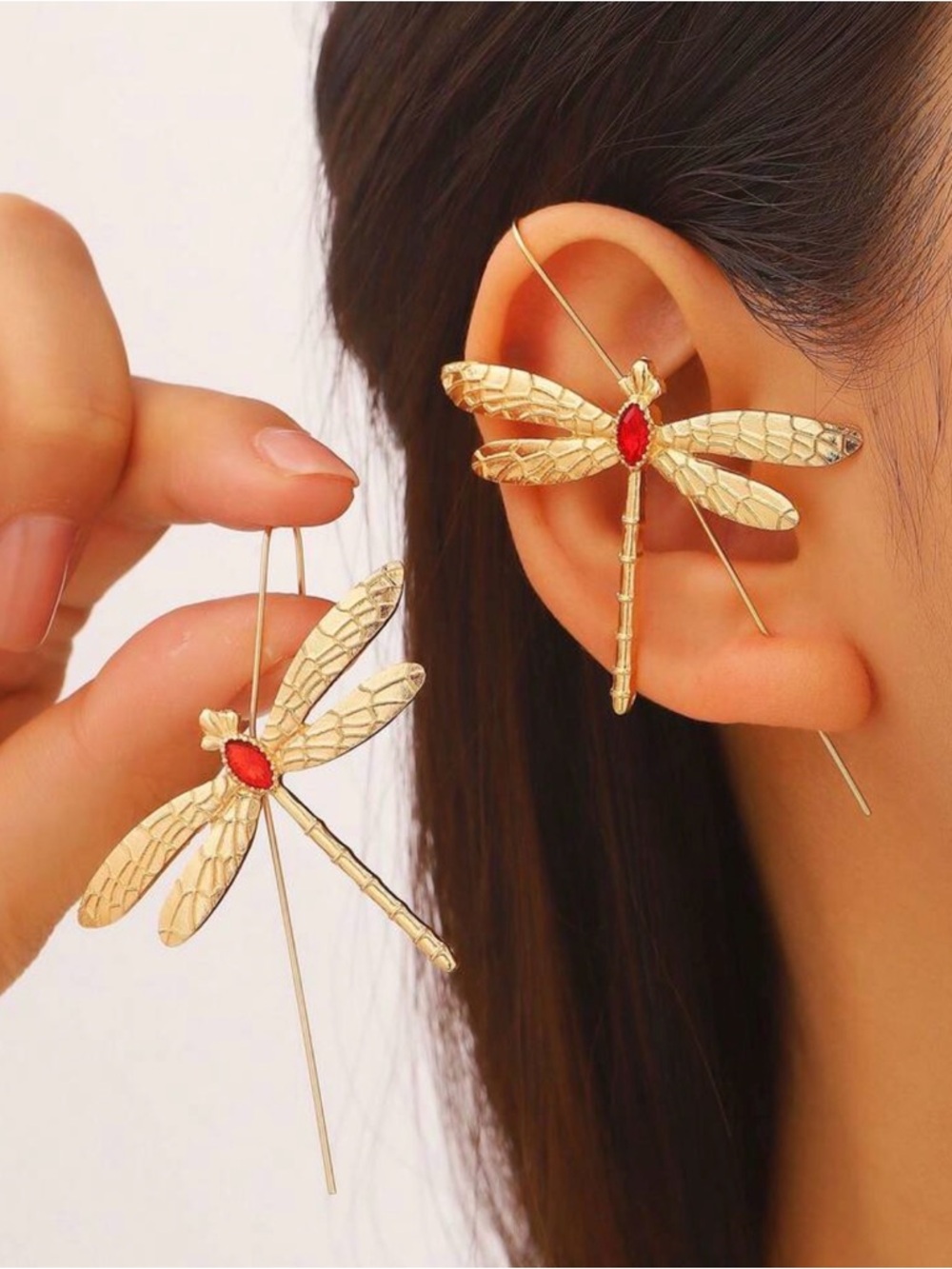 Gold Dragonfly Ear Pins with Red Gemstone - Women Jewelry